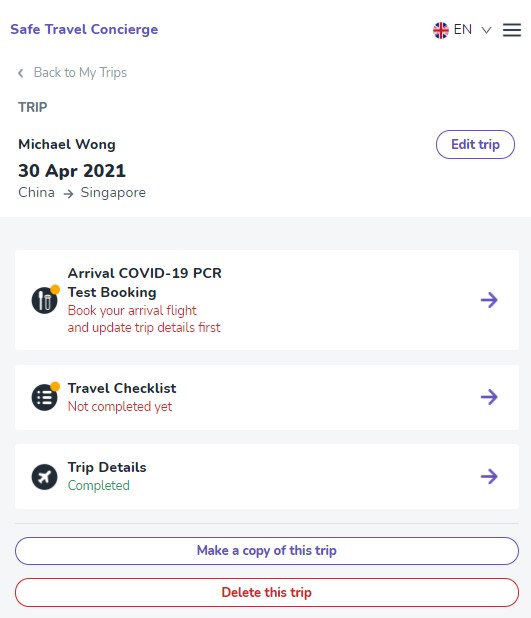 edit, delete, or make a copy of trips in safe travel concierge in singapore